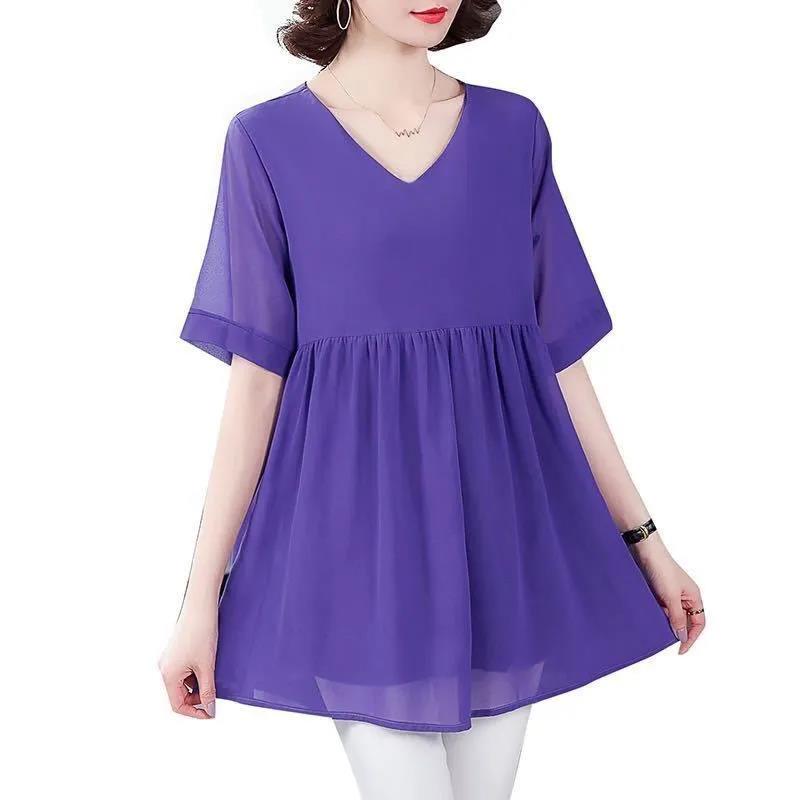 Summer Women's Loose Chiffon V-neck Short-sleeved Large Size All-match Casual Top