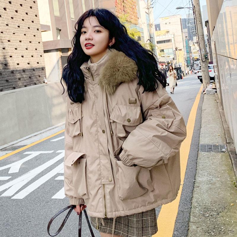 Cotton-padded Jacket Women's Fluffy Fur Collar Hooded Stand-up Collar Short Winter Loose Down Padded Jacket Plus Velvet Thick Warm Parka Jacket