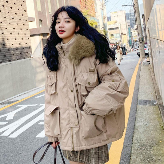 Cotton-padded Jacket Women's Fluffy Fur Collar Hooded Stand-up Collar Short Winter Loose Down Padded Jacket Plus Velvet Thick Warm Parka Jacket