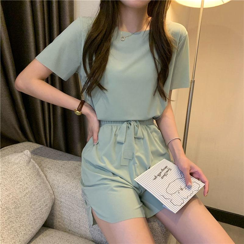 2PCS Women's Summer Ice Silk Cool Short-sleeved Pajamas Set Loose and Short Casual Two-piece T-shirt + Shorts Sports Jogging Suit Home Clothing