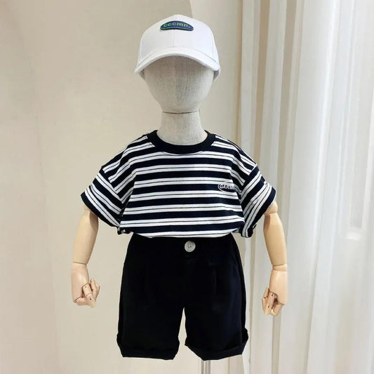 Boy's Suit Summer Small and Medium-sized Children's Striped T-shirt Thin Section Solid Color Button Children's Shorts Tide Two-piece Suit