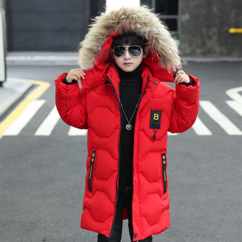 Boys Winter Jacket New Cotton-padded Clothes Big Boys Handsome Clothes Mid-length Velvet Thick Warm Jacket