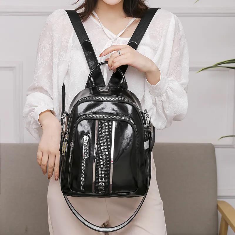 Women's Backpack Soft PU Leather Casual Multilayer Large Capacity College Schoolbag High Quality Shopping Travel Glossy Rhinestone