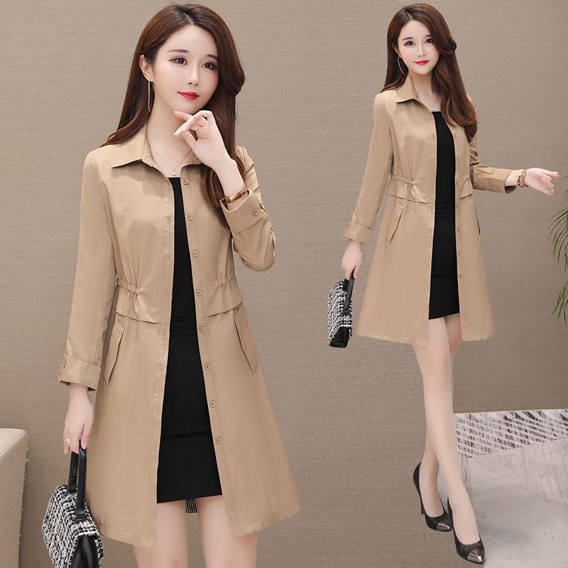 Spring and Autumn Windbreaker Mid-length Single Layer Style Solid Color Slim-fitting Waist Large Size Slimming All-match Jacket Women