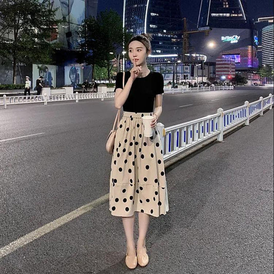 Women Summer Elegant 2 pieces set Short Slim Solid Short Sleeve T-shirt Vintage Pleated Dot Stitched Long Skirt