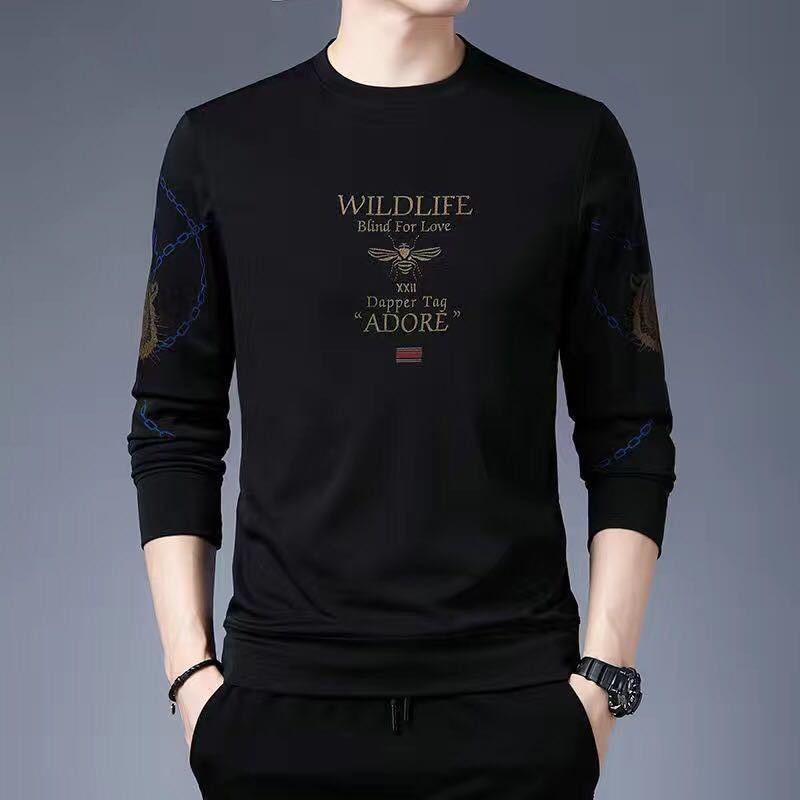 Autumn and Winter Long-sleeved T-shirt Men's Casual Round Neck Pullover All-match Printing Plus Velvet Thickening Base Sweater