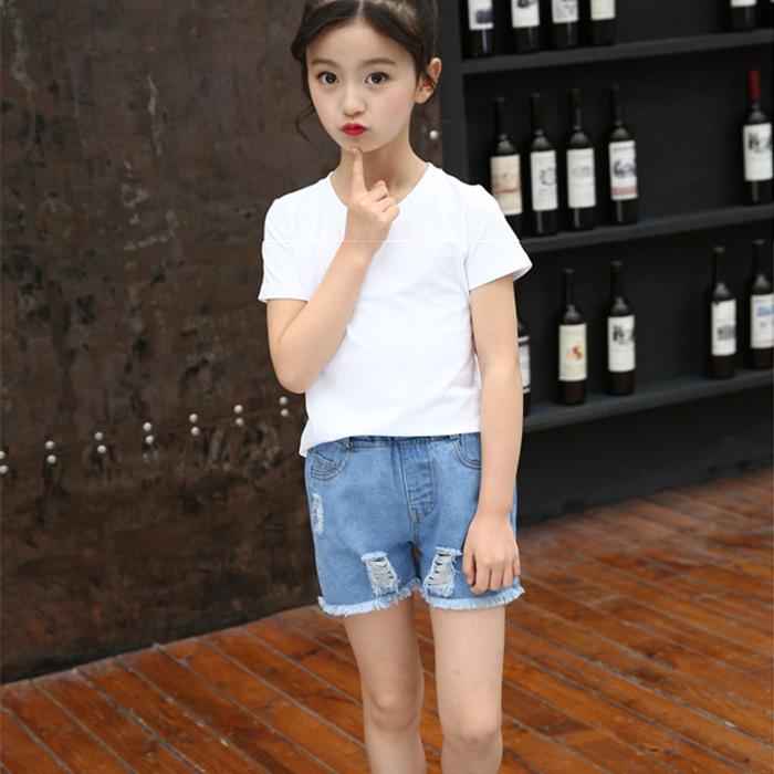 Summer Children's Tassel Pierced Girl and Boy Hole Denim Bow Shorts Korean Style Button Denim Pants