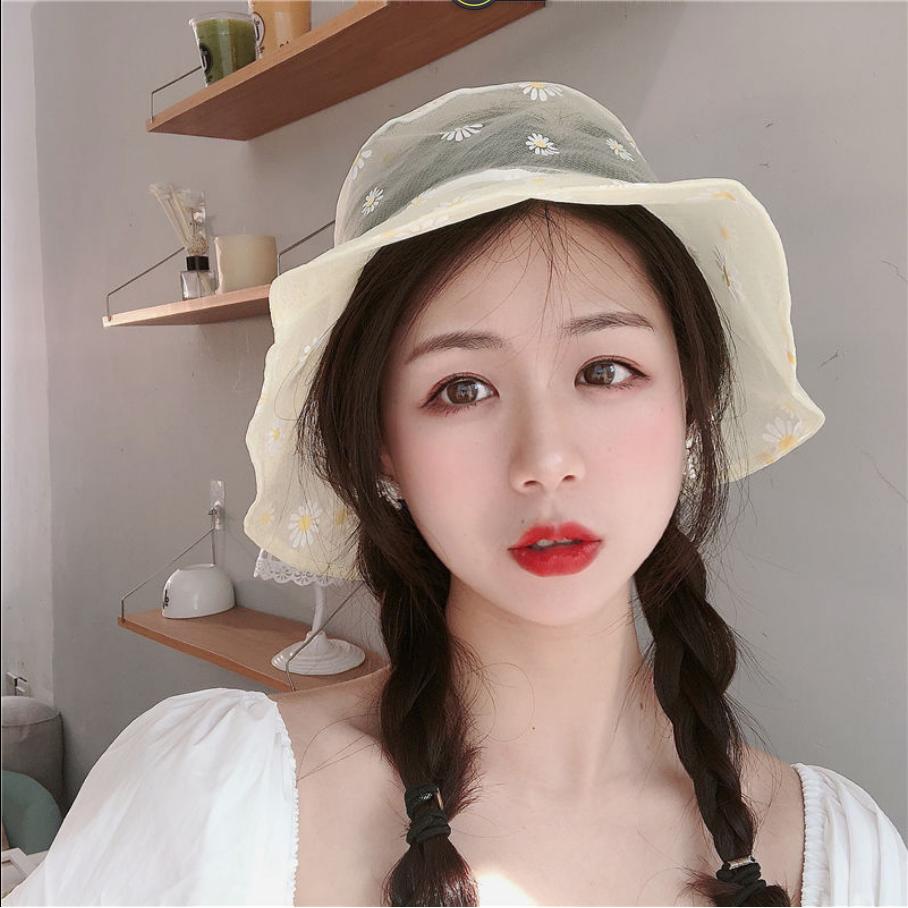 Embroidery Daisies Lace Fisherman Hat Bucket Hat Women Transparent Mesh Fashion Summer Outdoor Sun Hat