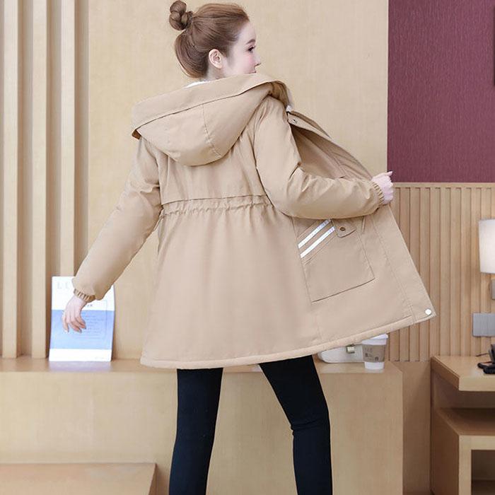 Autumn Winter Women Thickened Hooded Parka Jacket Casual Loose Drawstring Plus Velvet Windbreaker Jacket Warm Parka Coat