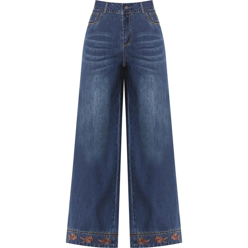 Embroidered Wide-leg Pants, Thin Nine-point Jeans, Women's Middle-aged and Elderly Niche Design Pants, Thin and Versatile Middle-aged Pants