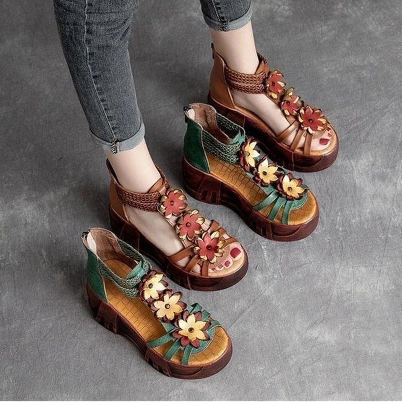 Summer Ethnic Style Thick-soled Sandals Women's Literary Retro Roman Floral Sandals Open-toed Hollow Waterproof Platform High-heeled Shoes