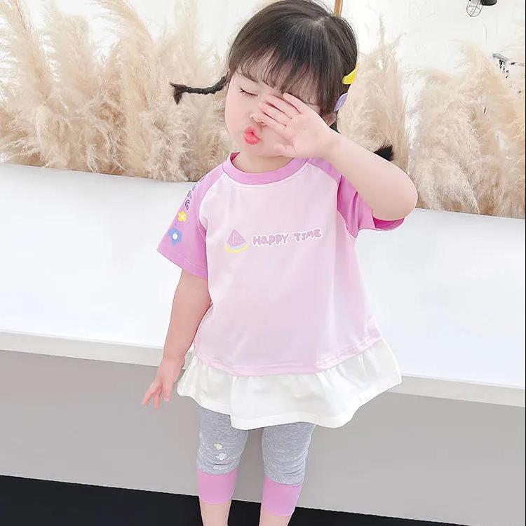 Children's Suit Summer Light Girls' Casual Wear Printed Rabbit Fruit Splicing T Shirt Elastic Leggings Two Piece Set