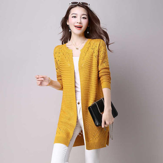 Long Sweater Women's Jacket Knit Cardigan New Hollow Solid Color Wild Knit Jacket Coat Female