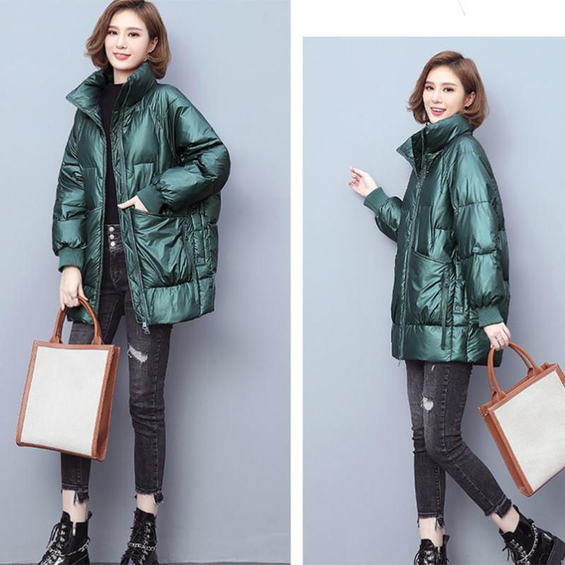 Women's Shiny Mid-length Down Jacket Winter Korean Style Loose Coat Warm Stand-collar Down Jacket