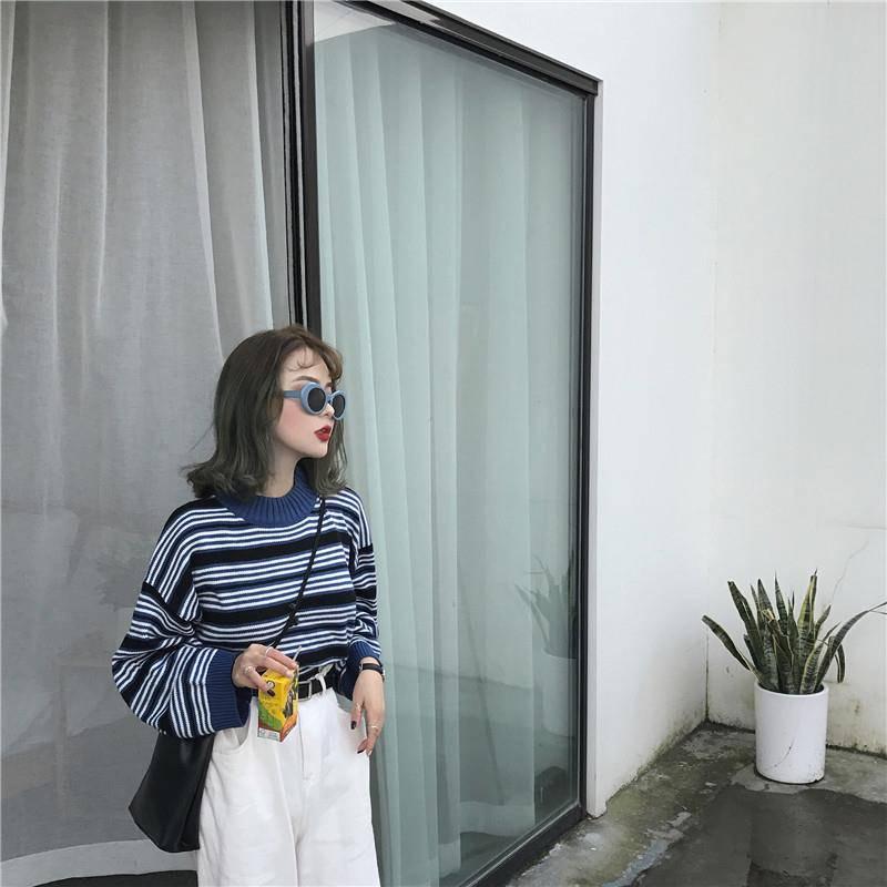 Pofulove Autumn Winter Striped Retro Sweater Short Loose Wild bf Harajuku Style Sweater Women