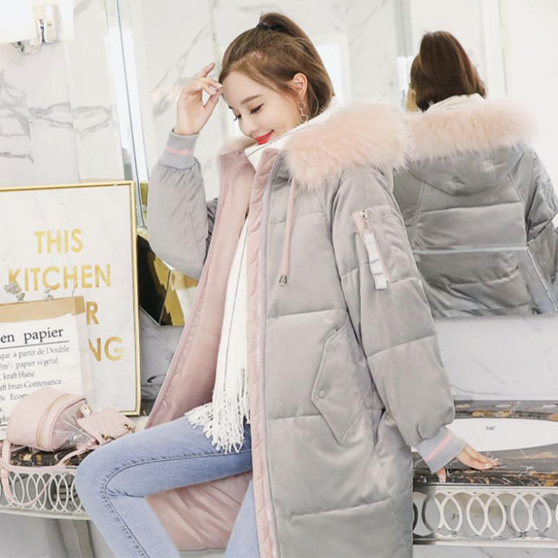 Women's Solid Color Down Jacket Mid-length Korean Loose Thick Coat Warm Cotton Coat Big Fur Collar Winter Clothes Quilted Coat