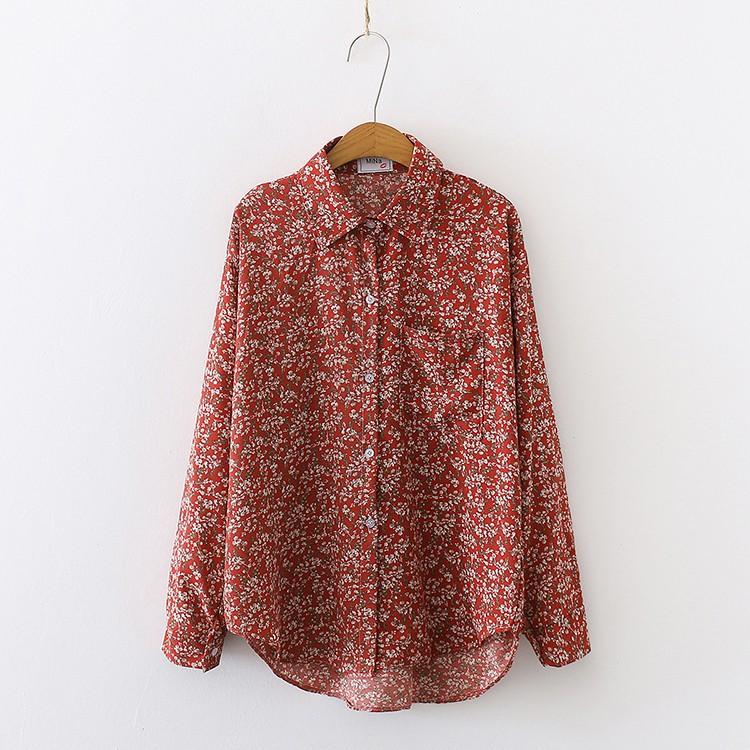 Spring Women Vintage Loose Letter Floral Shirt Long Sleeve Button Up Chiffon Blouse Turn-Down Collar Autumn Casual Tops