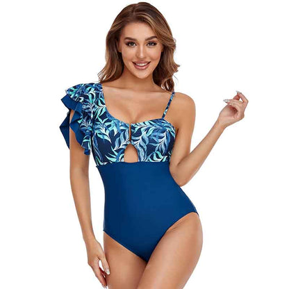 Splicing One Piece Swimsuit Feminine Fashion One Shoulder Lotus Leaf Beachwear Backless Swimsuit