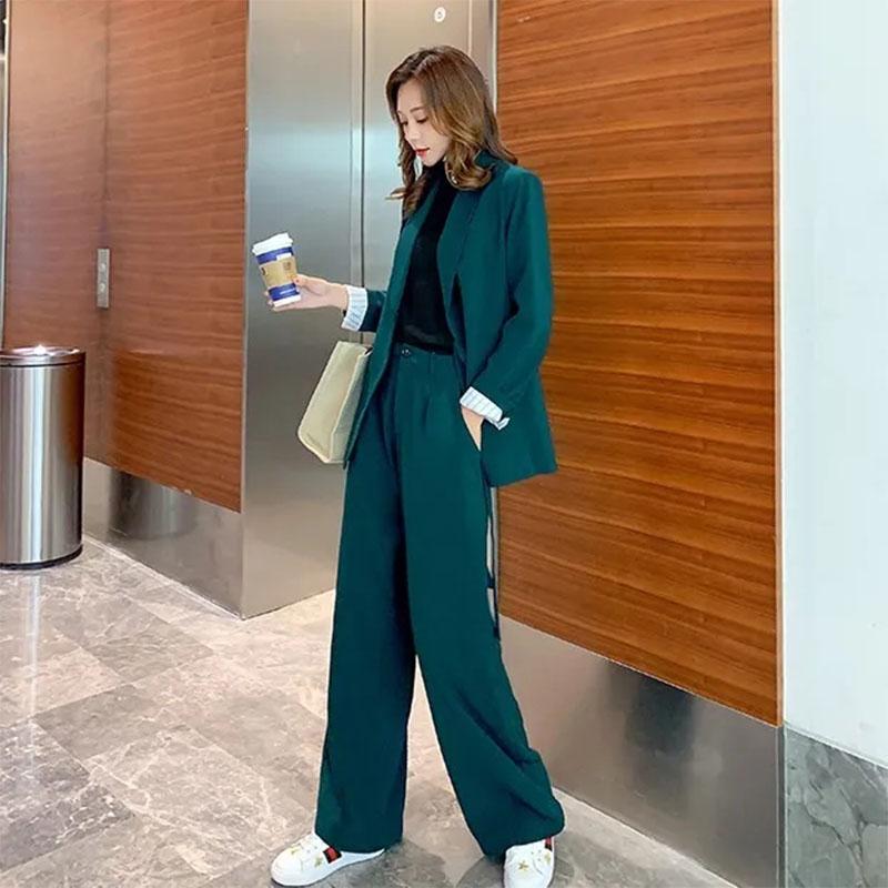 2PCS Women's Suit Suit Autumn Korean Version Casual Professional Suit Jacket + Wide-leg Pants Two-piece Set Lazy Lady Loose Suit