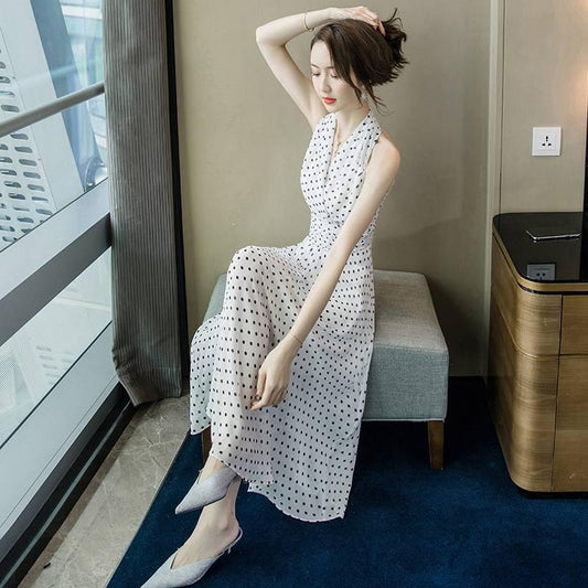 Halter Sleeveless Black White Summer Beach Long Dress with Belt Boho Maxi Polka Dot Dresses Women