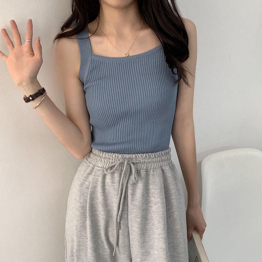 Solid Color Knitted Vest Women's Summer Thin Outer Wear Short Bottoming Suspender Top