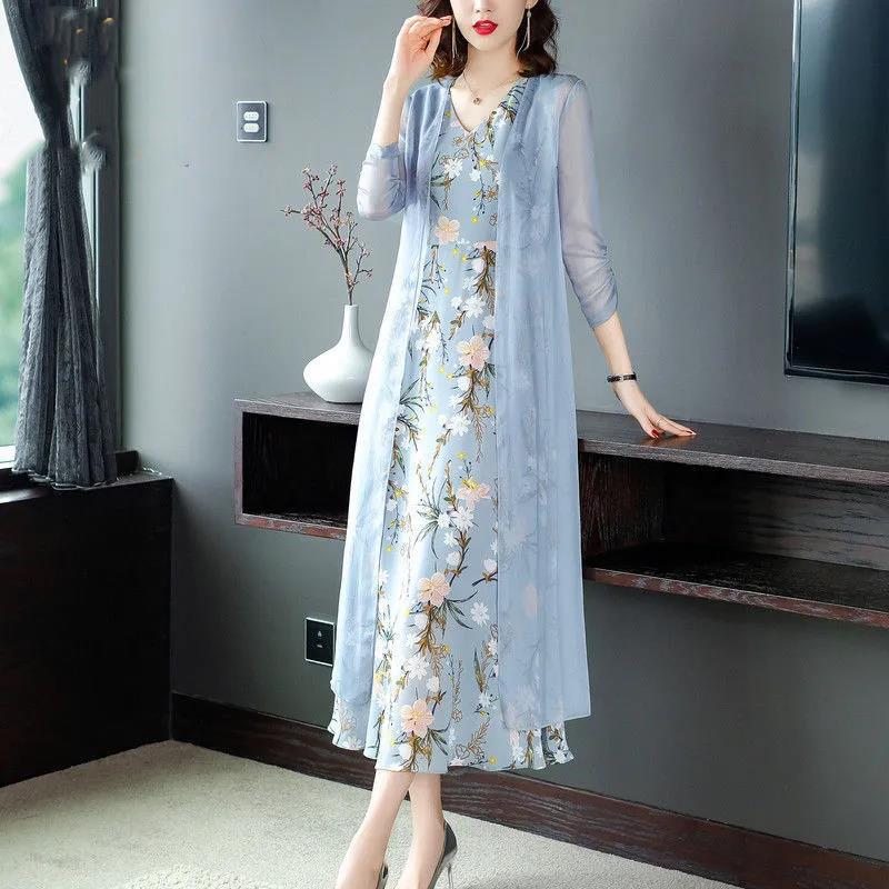 Hiffon Suit 2021 Spring Summer and Autumn Women's Fashion Age Reduction Slim Waist Cardigan Printed Vest Dress Two-piece Suit