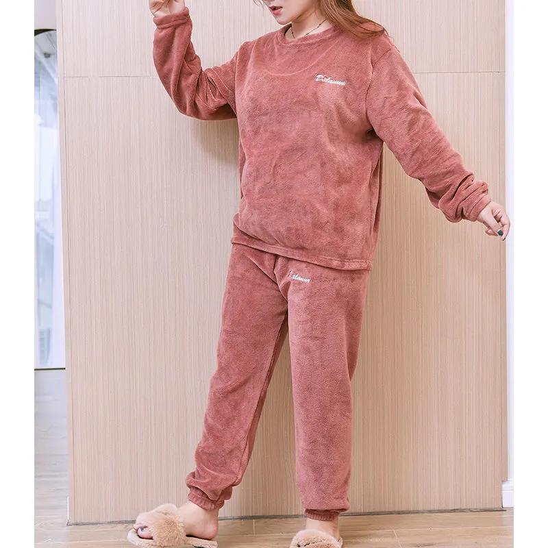 Over Size Women's Autumn Winter Warm Sleeping Suit Coral Velvet Loose Thickening Home Wear Long-sleeved Pajamas Pants Two-piece Set