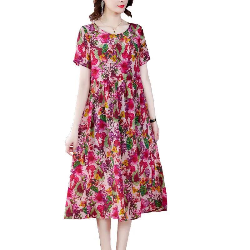 Women's Summer Short-sleeved Mid-length Skirt Floral Round Neck Large Size Loose and Thin Dress