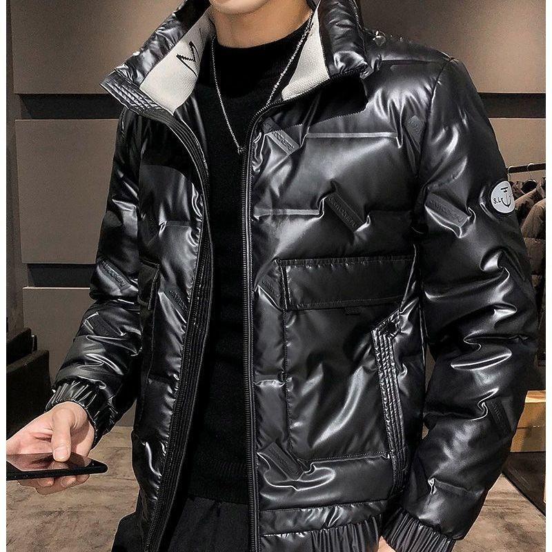 Short White Duck Down Men's Down Jacket Winter Fashion Trend Stand-up Collar Shiny Face Slim Black Jacket