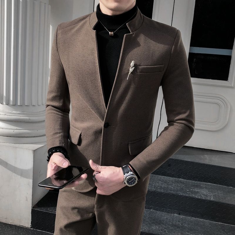 Men's Two-piece Suits Slim-fit Stand-up Collar Small Suit Groomsmen Groom Dress Suit Jacket Trousers Suit