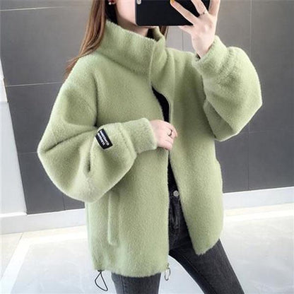 Autumn and Winter Mohair Loose Coat Short Knit Cardigan Tops Solid Color High Neck Women's Coat