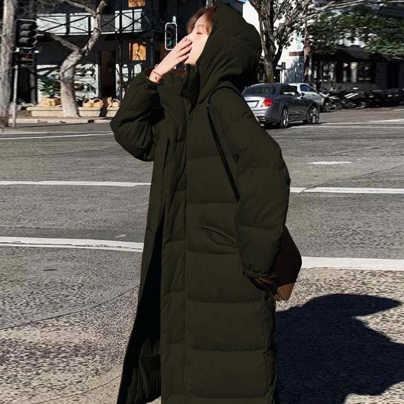 Women's Over-the-knee Long Large Size Loose and Thick Thin Cotton-padded Jacket Women's Hooded Stand-up Collar Padded Jacket Winter Warm Jacket