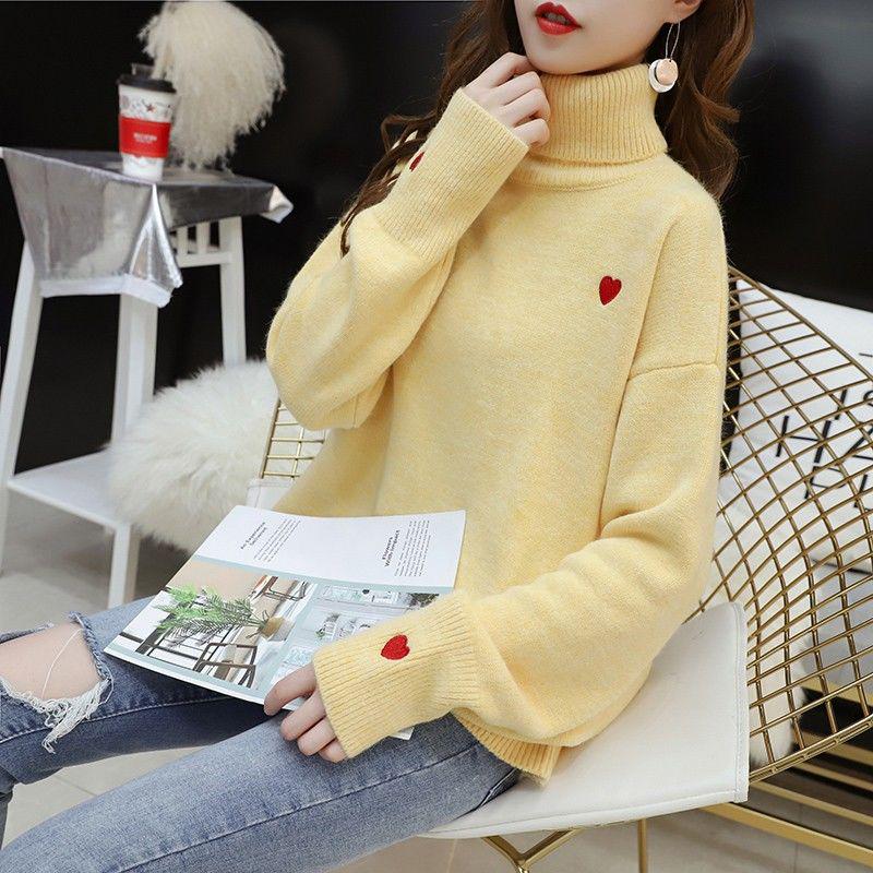 Women Turtleneck Sweater Thickening Knitwear Autumn Winter Pullover 2020 Heart Embroidery Casual Loose Tops Korean Style Jumpers