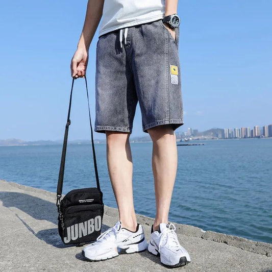 Men's Thin Breathable Cool Pants Summer Loose Straight Shorts Men's Versatile Pockets Waist Drawstring Five Points Jeans