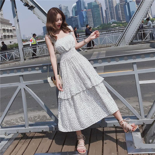 Mid-length Sling Chiffon Polka Dot Floral Dress Female Slimming Fairy Long Skirt Sling Polka Dot Dress Large Skirt A-line Version