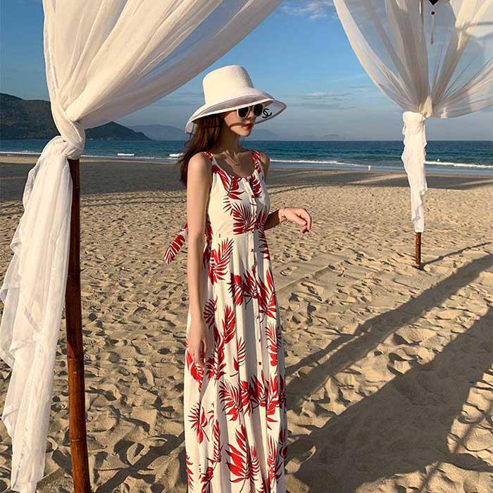 Pofulove Summer Women Red Leaf Sexy Dress Bohemia Sun-dresses Sleeveless Below Knee Beach Dresses