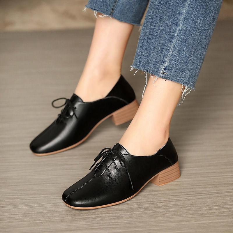 Soft Leather Single Shoes Women All-match Retro Mid-heel Shoes Thick Heel Soft Sole Pedal Casual Work Shoes Mid-heel Leather Shoes Women