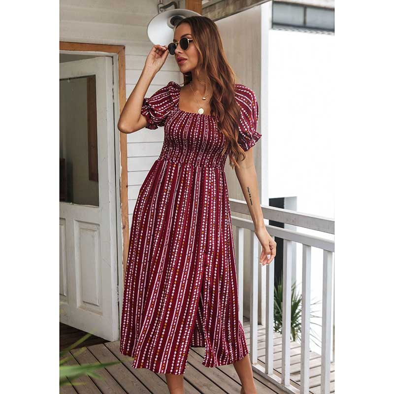 European and American Women's Casual Floral Summer Print Puff Sleeve Rayon Dress