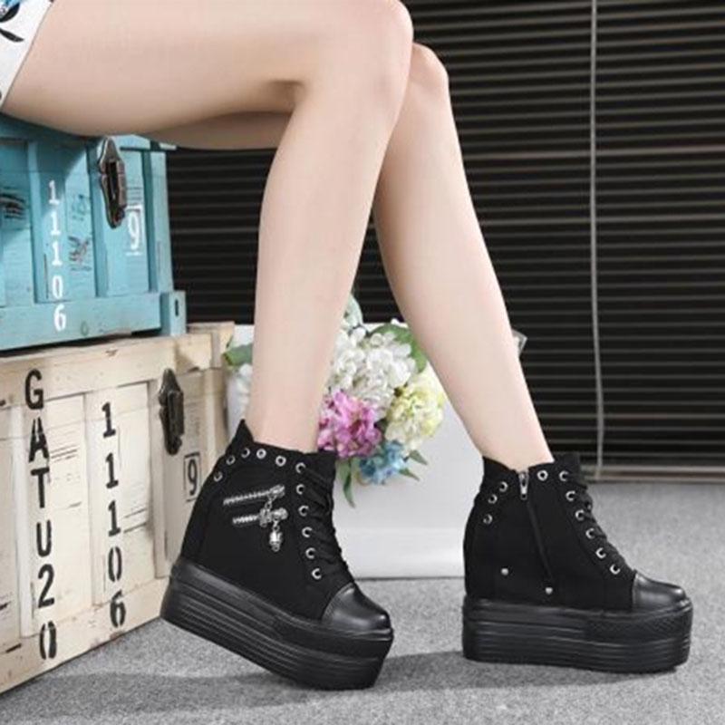 Women's  Canvas Shoes Wedges Heel Thick Bottom Increased Casual Shoes High-heeled Platform Lace Up Wedge Sneakers