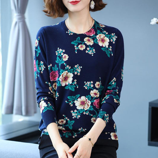 Autumn and Winter Printing Bottoming Shirt Women's Plus Size Casual Sweater Fashion Round Neck Printed Sweater