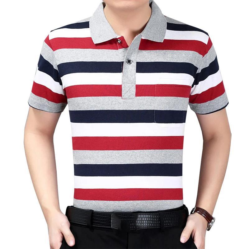 Summer Middle-aged Men's Short-sleeved T-shirt Lapel Dad Wear Summer Loose and Thin Half-sleeved Men's Striped    Shirt