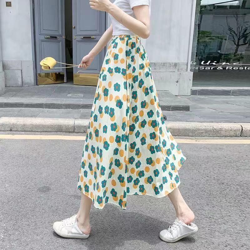 Women Skirts Female Summer Casual A-line Skirt Thin Elastic High Waist Skirts Vintage Loose Long Chiffon Floral Skirt