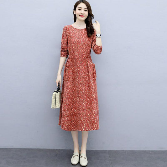 Women's Long-sleeved Round Neck Mid-length Dress Ethnic Style Thin Large-size Floral Mid-length Dress Female with Pockets for Hand In