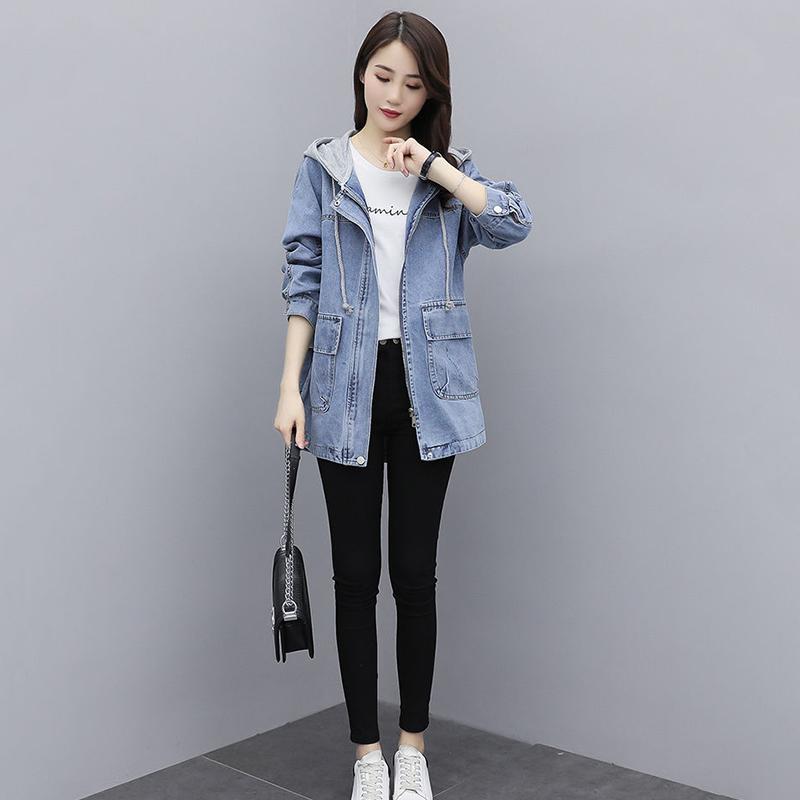 Hooded Denim Jacket Women's Mid-length Loose BF Wind Casual All-match Windbreaker Warm Long-sleeved Jacket