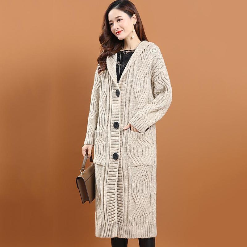 Hooded Knitted Cardigan Women's Outer Wear Autumn and Winter Long Loose Large Size Solid Color Sweater Jacket