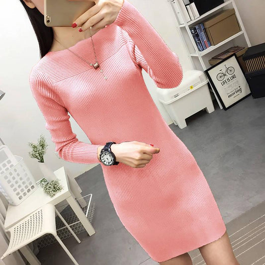 Women Sweater Dress Long Autumn Winter Thick Warm Female Knitted Dresses Slim Soft Rib Jumper