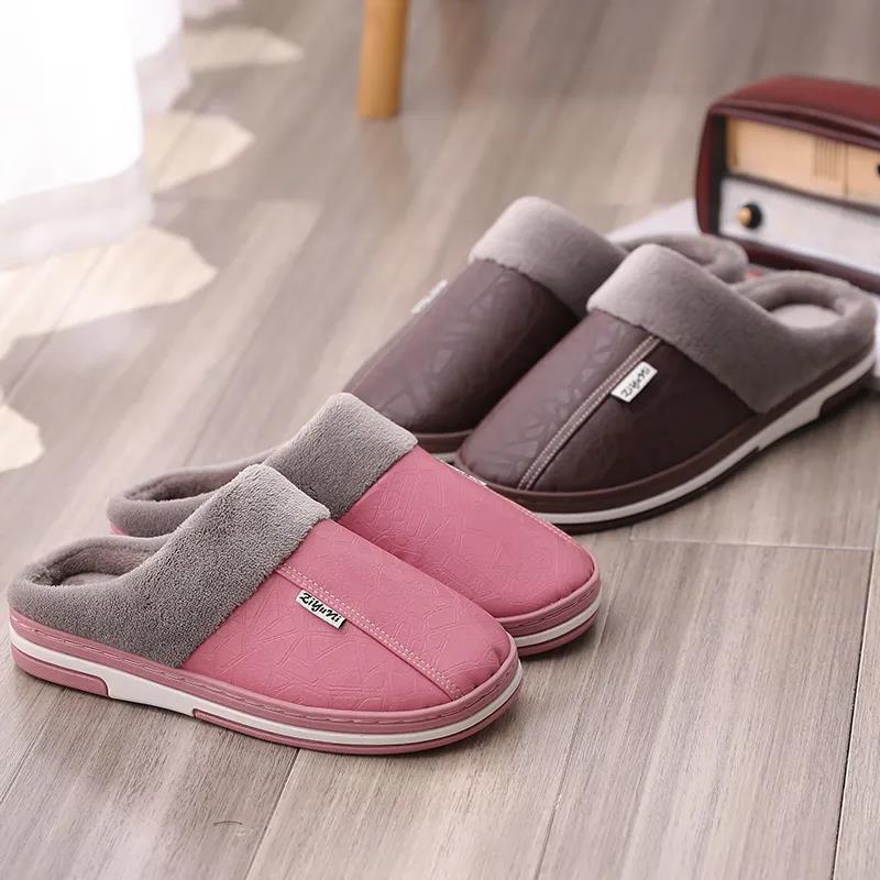 Autumn Winter Women's Home Indoor Waterproof Non-slip Thick-soled Warm Couple Thickened Pu Cotton Slippers