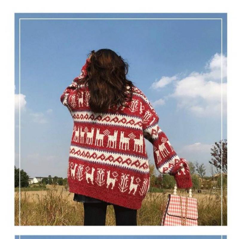 Pofulove Autumn Winter Retro Lazy Loose Vintage Mid-length Women Pullover Thickened Christmas Red Sweater