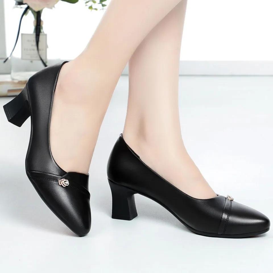 High Heels Single Shoes Women's Leather Shoes Spring and Summer Mid-heel Chunky Heels Casual Shoes Pointed Shoes