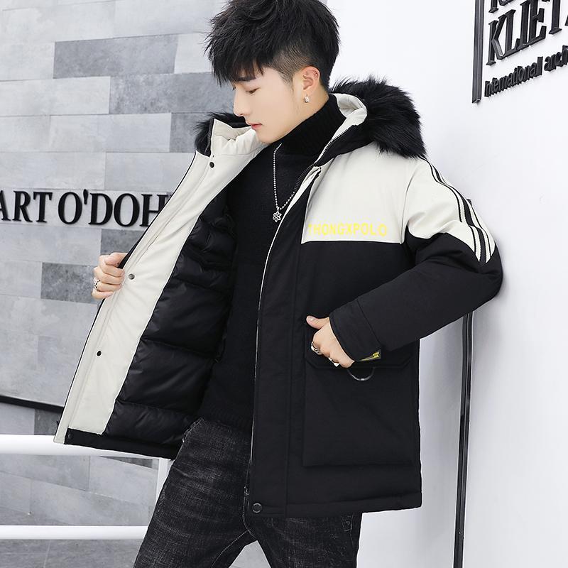 Fashion Parker Jacket Winter Fashion Men's Cotton Jacket Thicken Stitching Trendy Brand Hooded Cotton Jacket Loose Men's Cotton Jacket